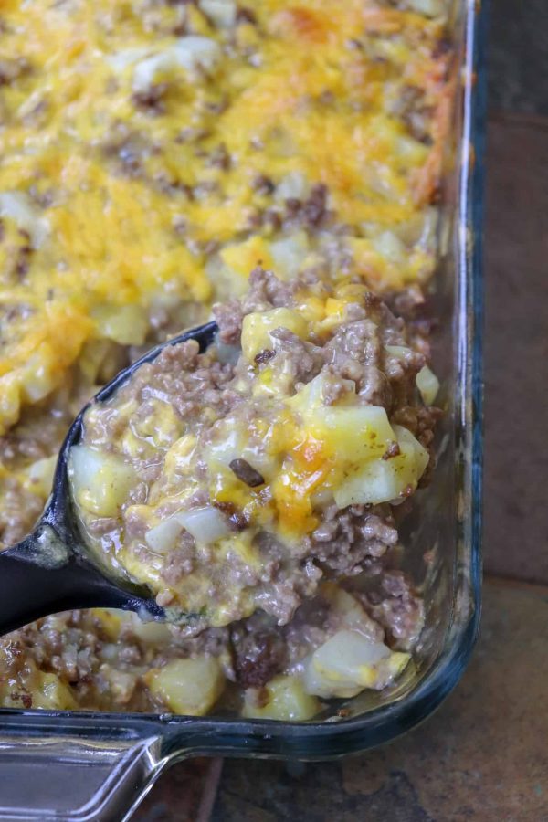 Picture of ground beef casserole in a glass dish.