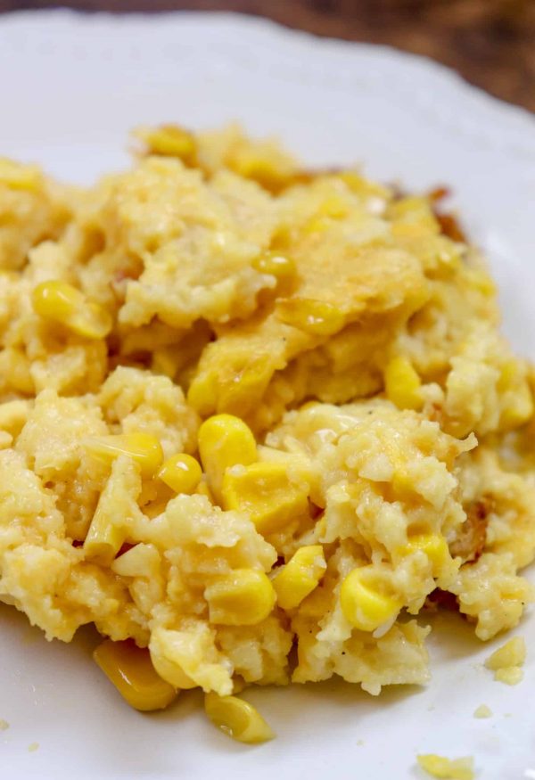 Picture of scalloped corn on a plate.