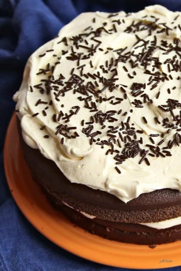 Picture of a chocolate cake with white frosting on a plate