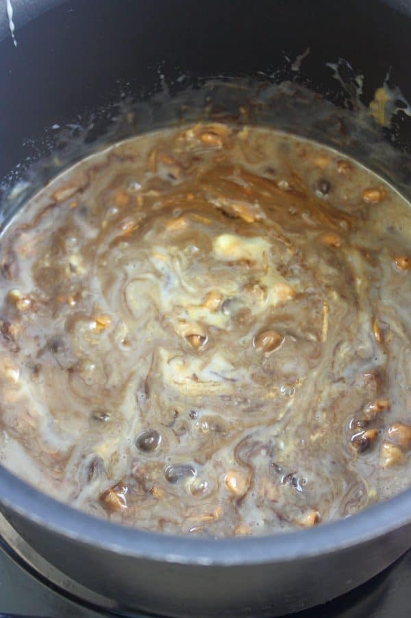 Picture of chocolate, butterscotch, peanut butter, and white chocolate chips, as well as sweetened condensed milk in a saucepan.