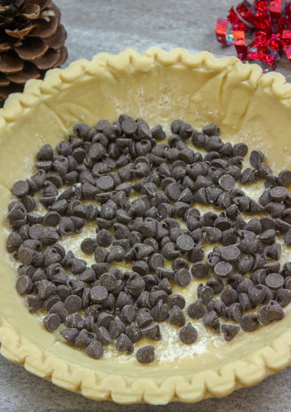 Picture of chocolate chips in the bottom of a pie crust.