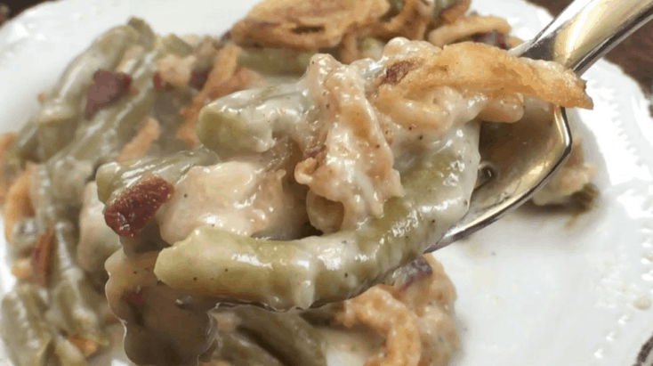 Green bean casserole on a fork