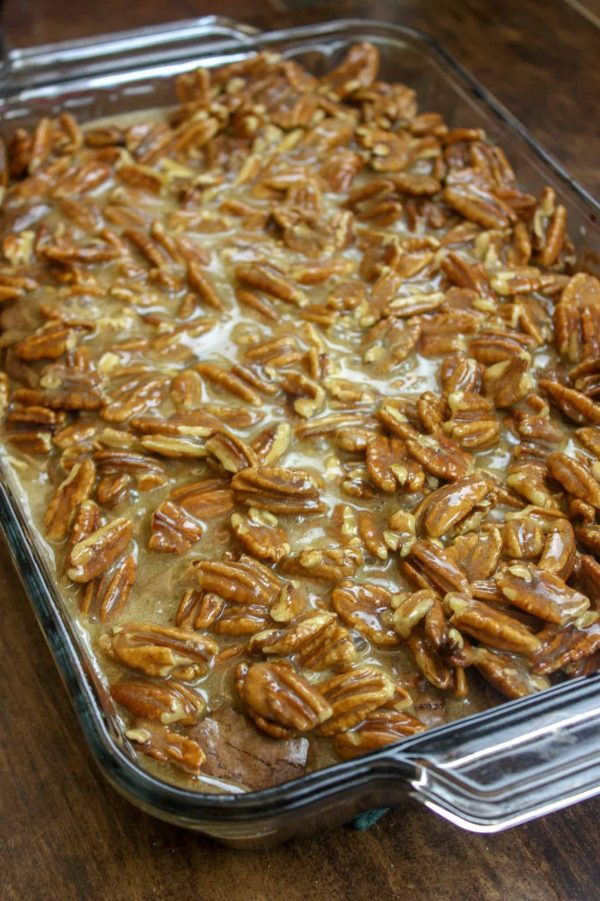 Picture of pecans spread out over brownies