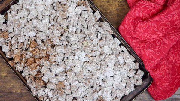 Picture of muddy buddies on a cookie sheet