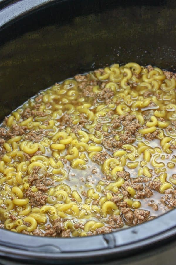 Picture of noodles and beef in a Crock Pot