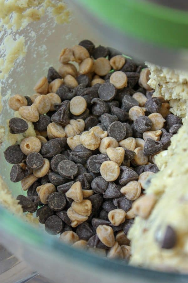 Picture of chocolate and peanut butter chips in a mixing bowl