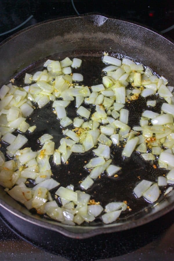 Picture of onions and garlic browning in a skillet