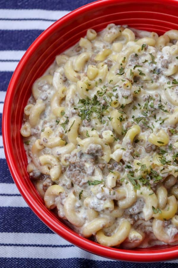 Picture of creamy beef and noodles in a red bowl