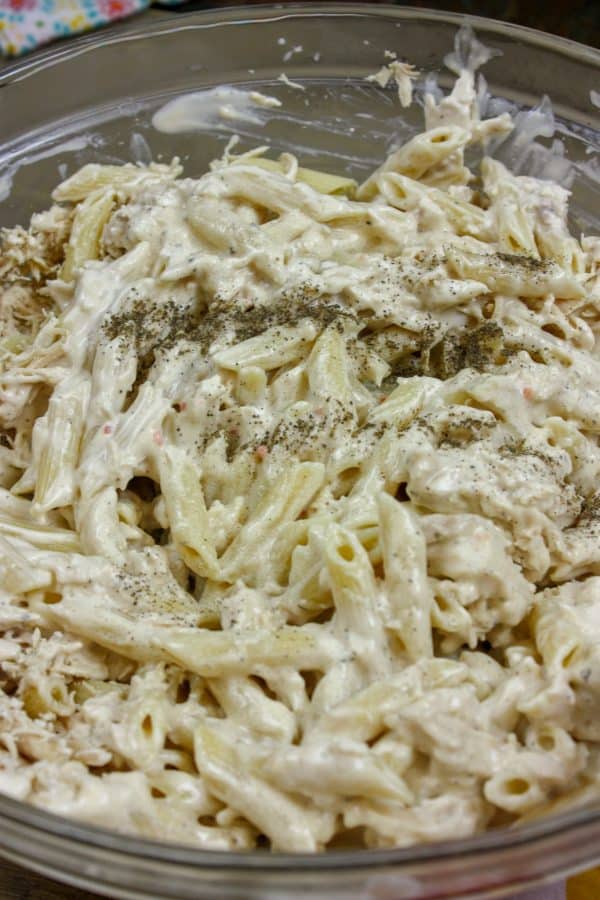 Picture of chicken pasta bake in a casserole dish.