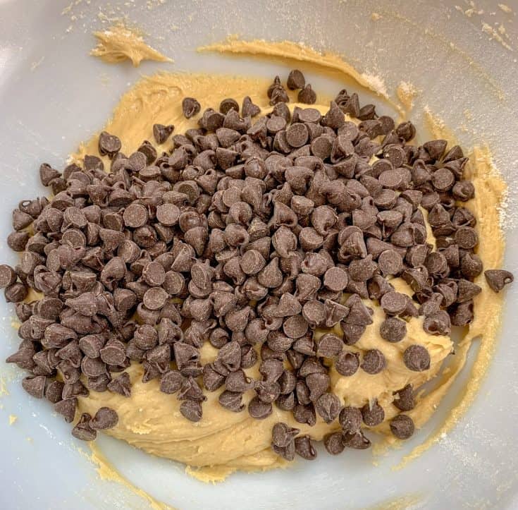 Picture of chocolate chips in cookie batter.