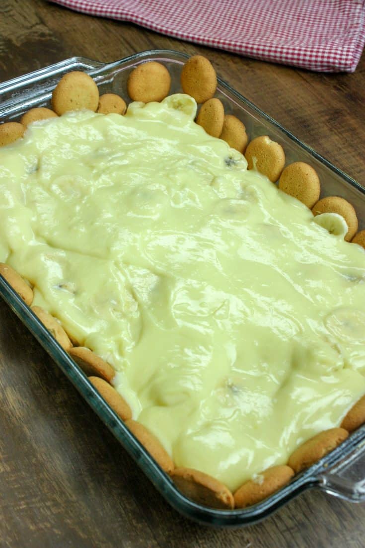 Picture of banana pudding in a casserole dish.