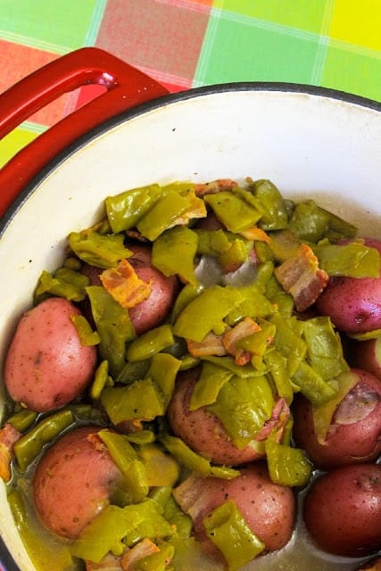 Picture of potatoes and green beans in a Dutch oven