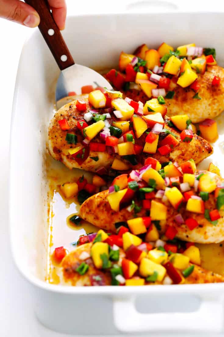 Ginger Chicken with Confetti Peach Salsa - Gimme Some Oven