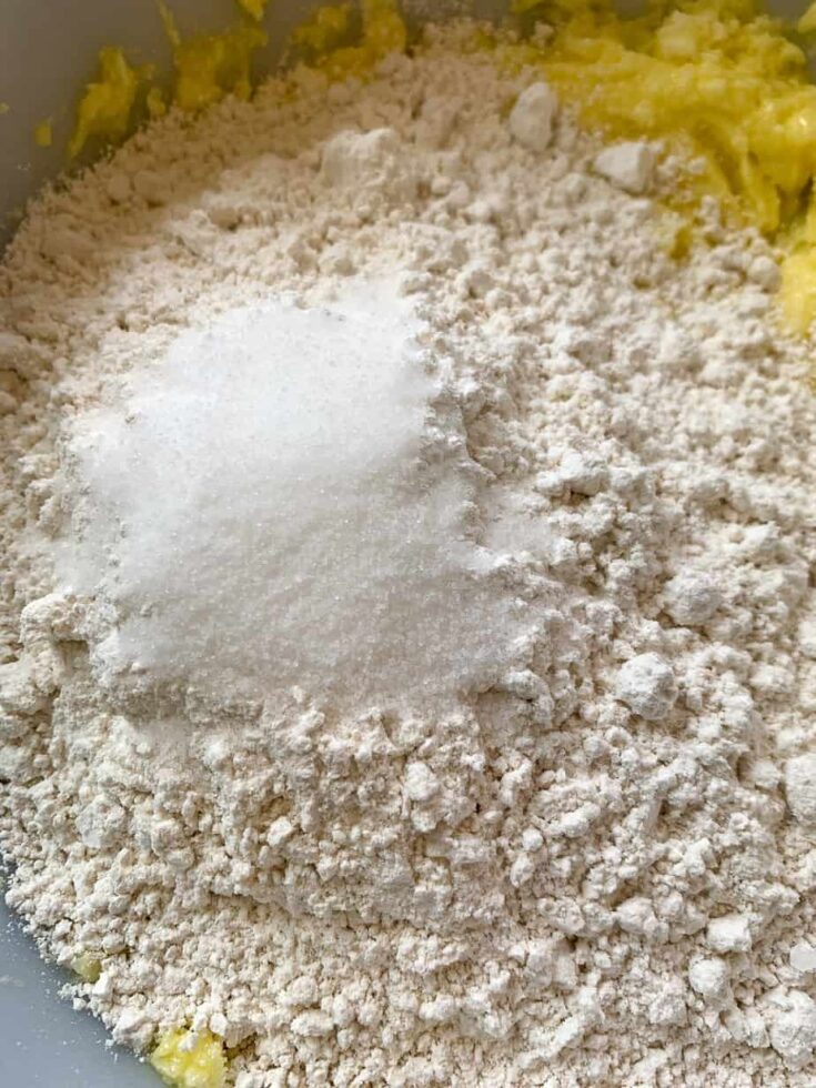 Flour, salt, and baking powder in a large bowl.