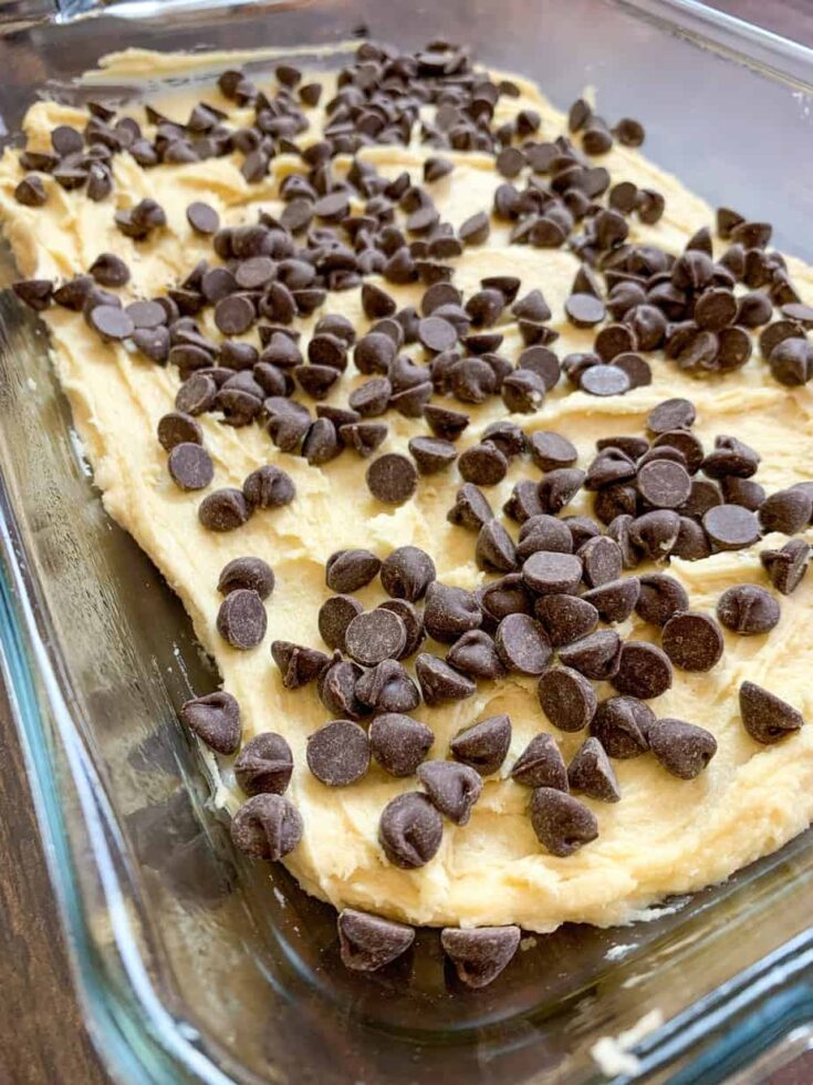 Cookie dough in a large dish with chocolate chips