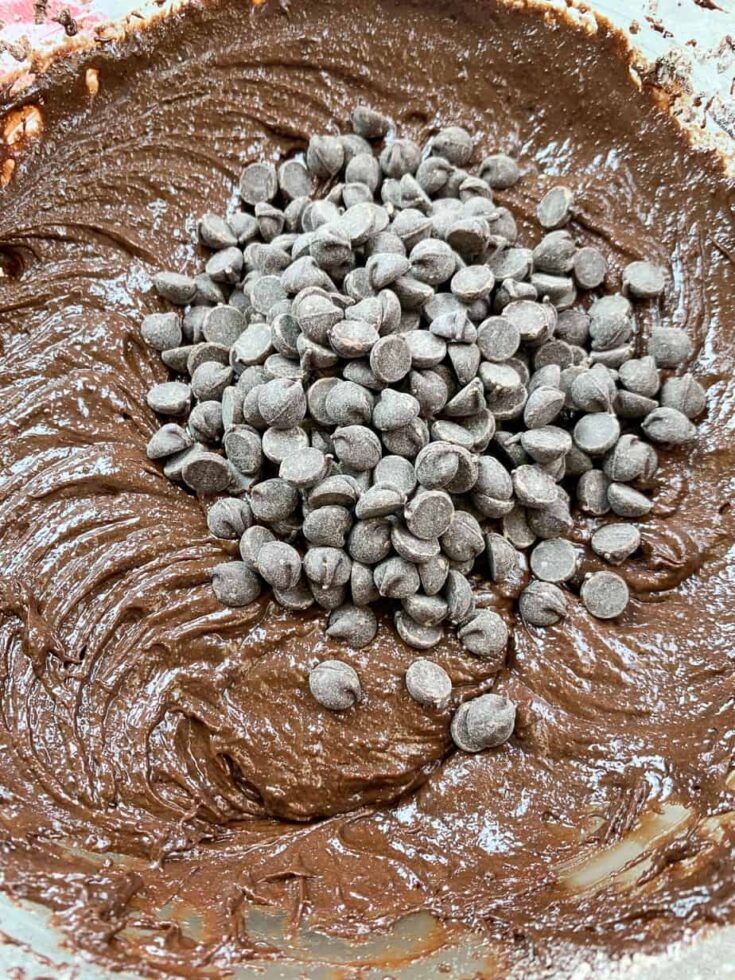 Chocolate chips in brownie dough.