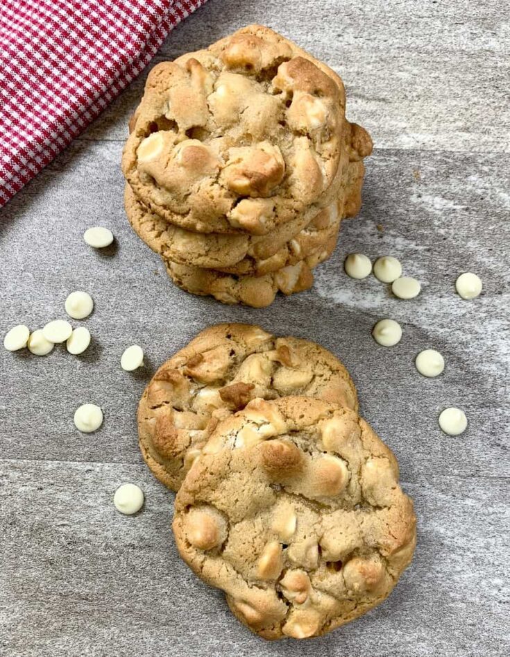 White chocolate macadamia nut cookies on a counter