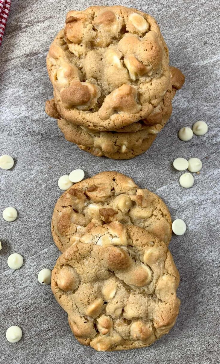 White chocolate macadamia nut cookies on a counter