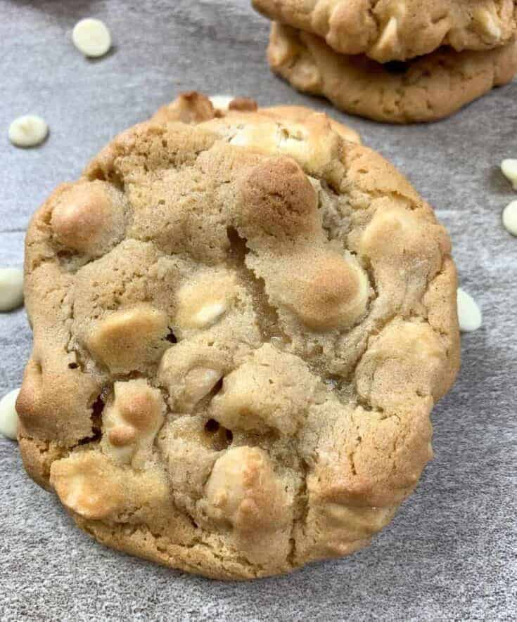 White chocolate macadamia nut cookies on a counter