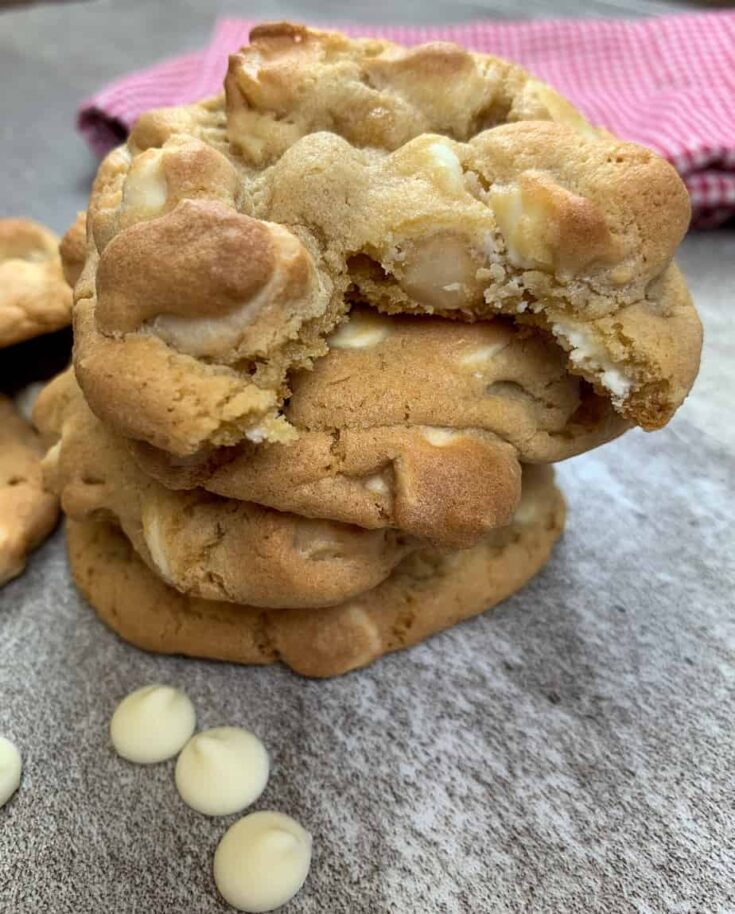 White chocolate macadamia nut cookies on a counter