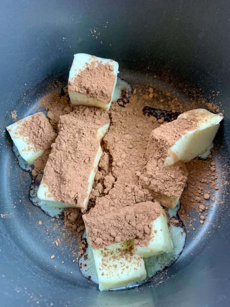 Butter and unsweetened cocoa in a saucepan