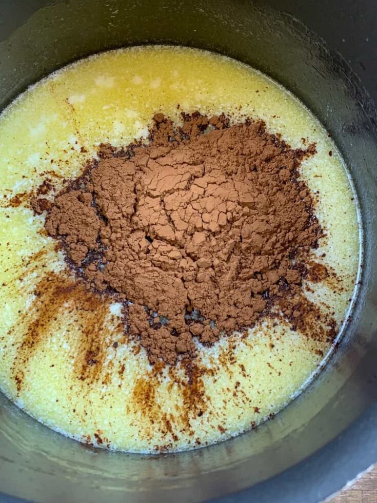 Unsweetened cocoa in buttermilk in a saucepan