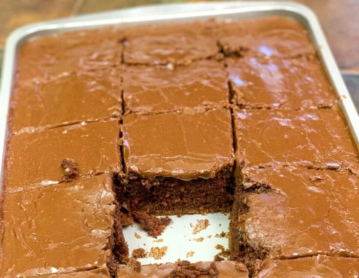 chocolate cake with frosting in a cake pan