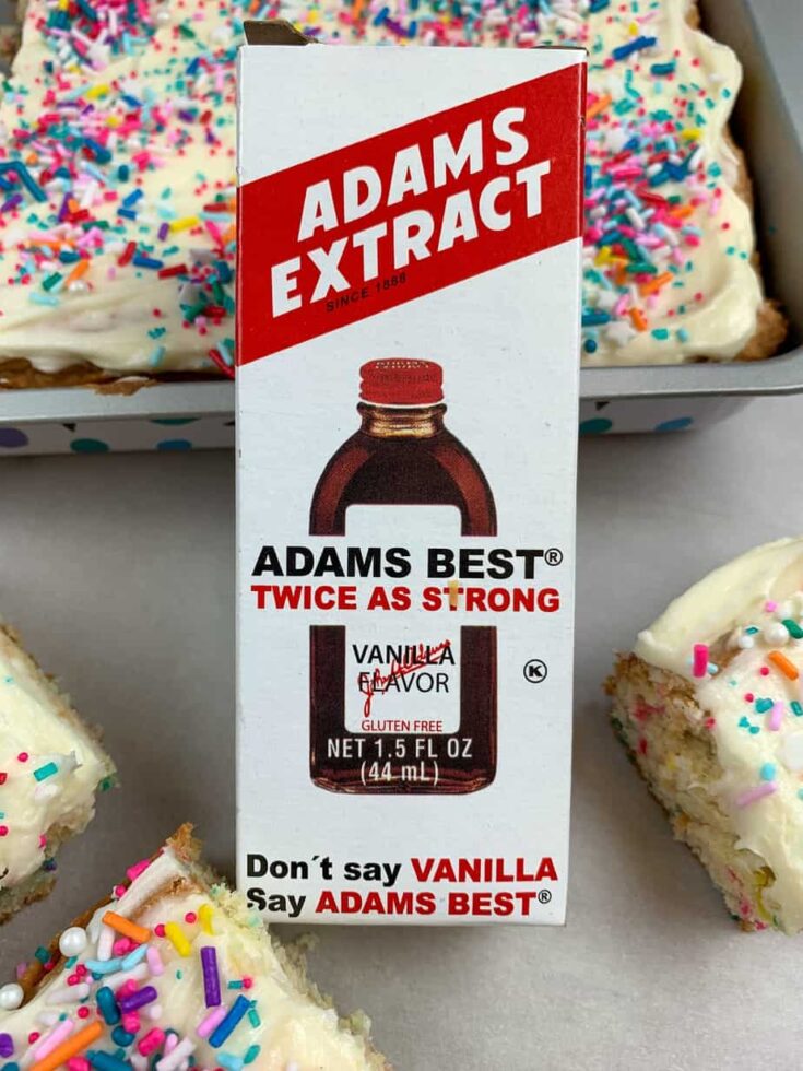 Adams Best Vanilla Extract in a box next to cookie bars