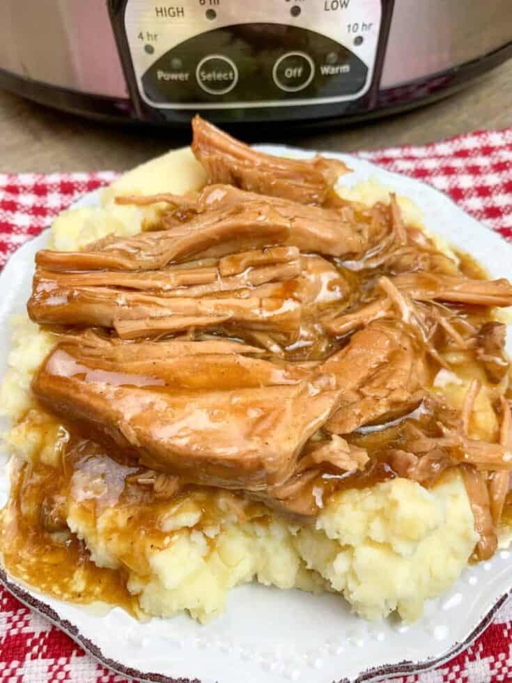 Pork chops on mashed potatoes next to a slow cooker