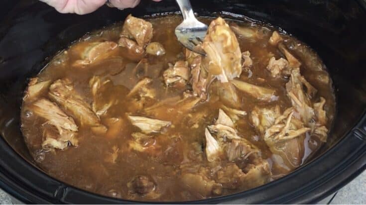 Pork meat on a fork in the slow cooker