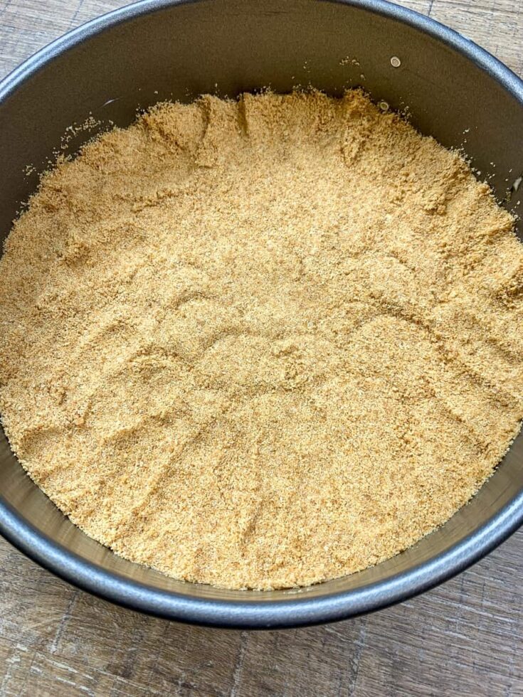 Crushed graham crackers in an Analon springform pan.