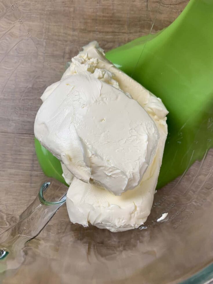 Cream cheese in a Kitchenaid mixer bowl