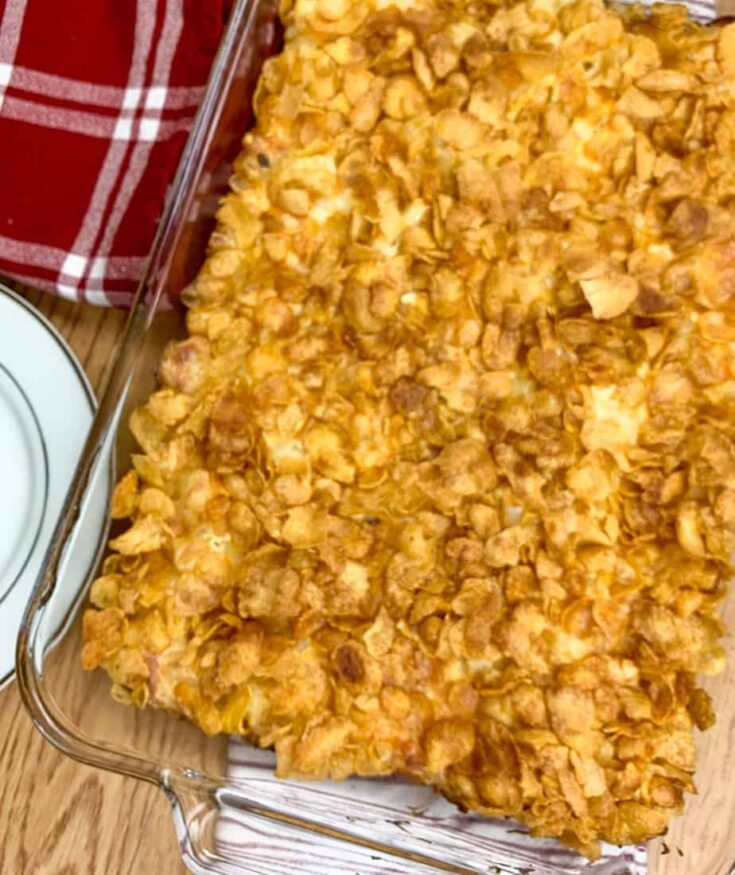 Funeral potatoes in a casserole dish