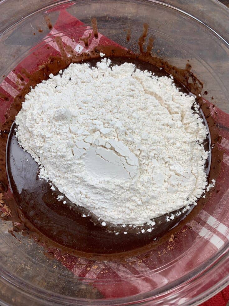 Flour, unsweetened cocoa, and butter in a large bowl