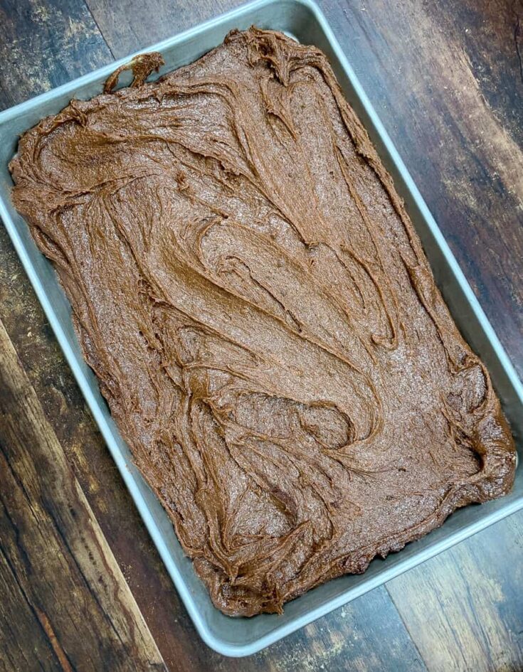 Brownie batter in a jelly roll pan