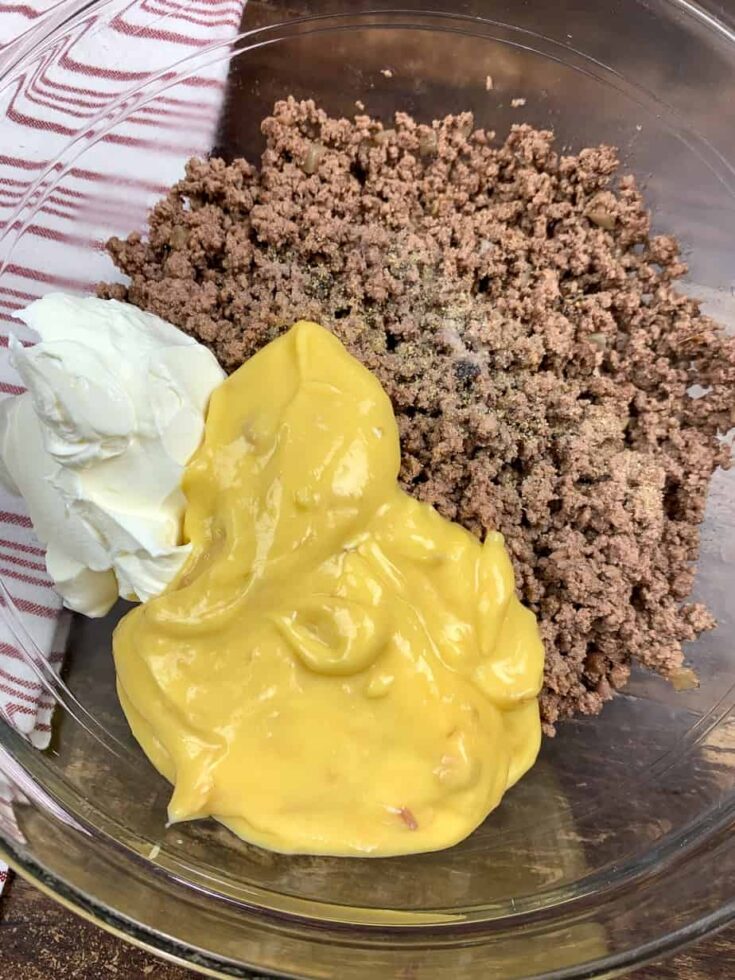 Ground beef, cream of chicken soup, and sour cream in a large glass bowl