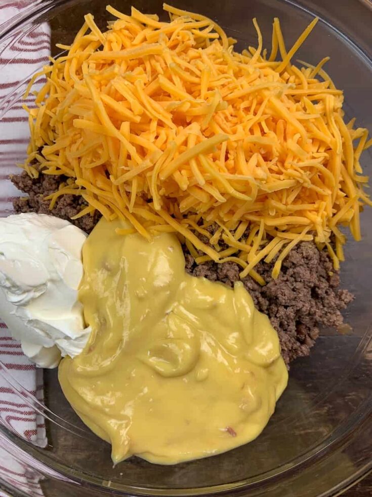 Shredded cheddar cheese, ground beef, cream of chicken soup, and sour cream in a large bowl.