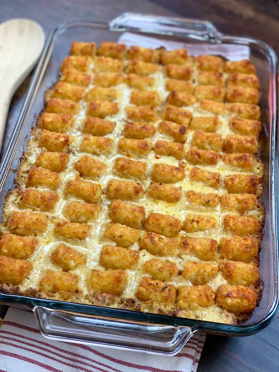 Tater tot casserole in a casserole dish