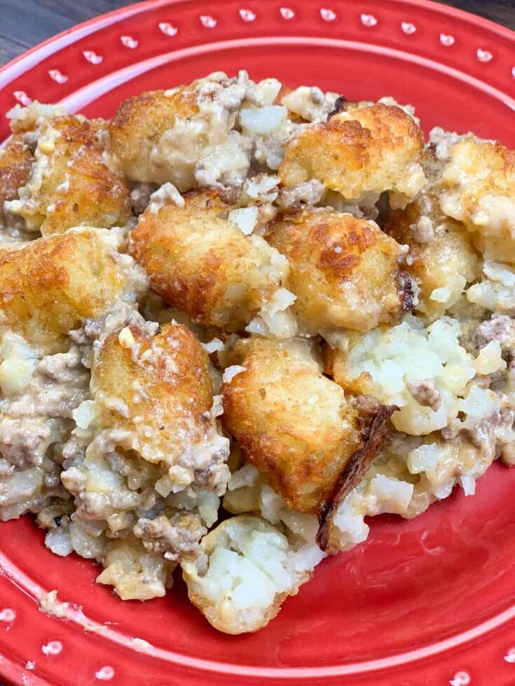 A large scoop of tater tot casserole on a red plate