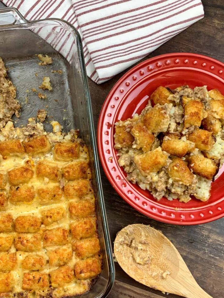 Tater tot casserole in a dish and on a plate