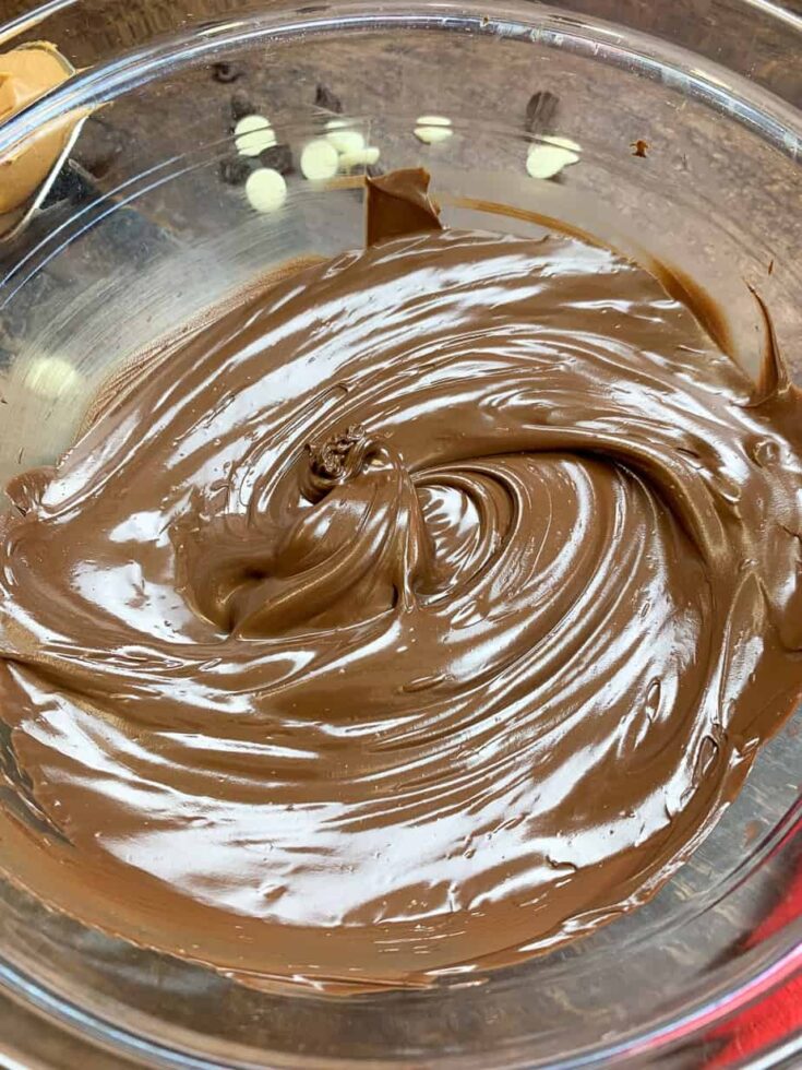 Melted chocolate chips in a glass bowl