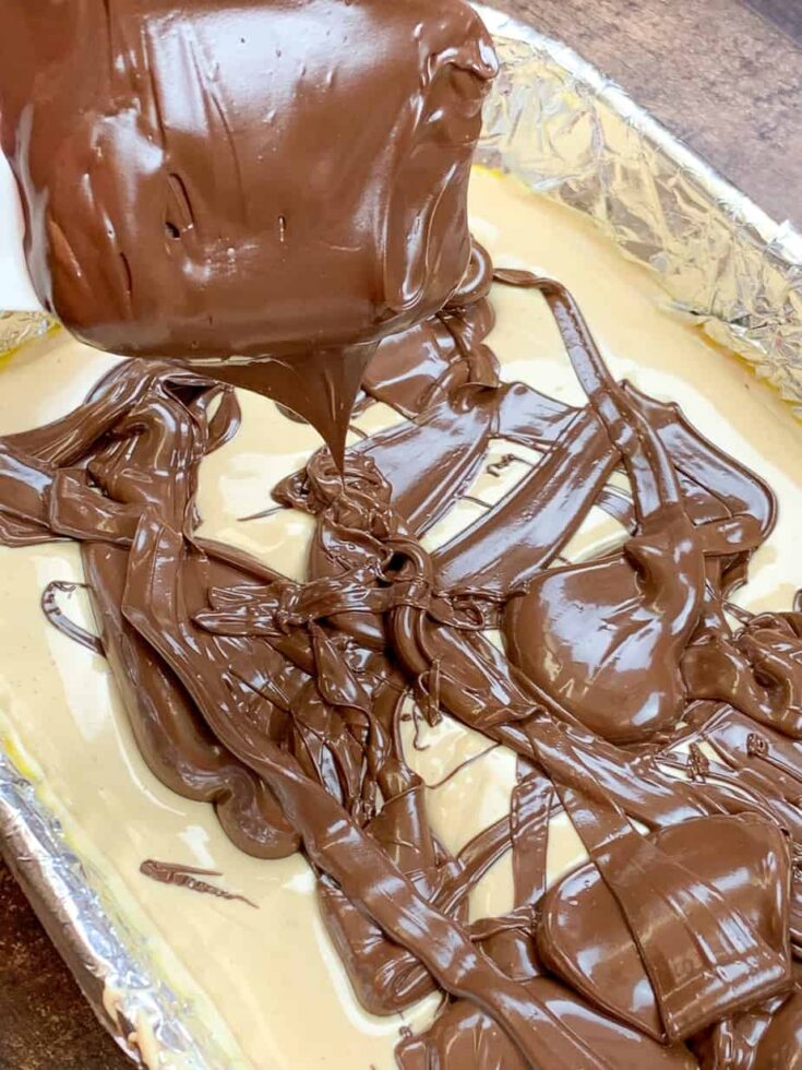 Chocolate and peanut butter fudge in a casserole dish.