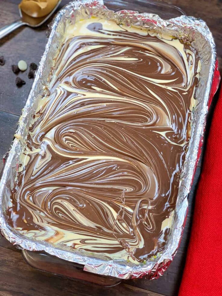 Peanut butter and chocolate fudge in a casserole dish