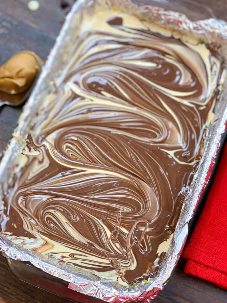 Tiger butter fudge in a casserole dish