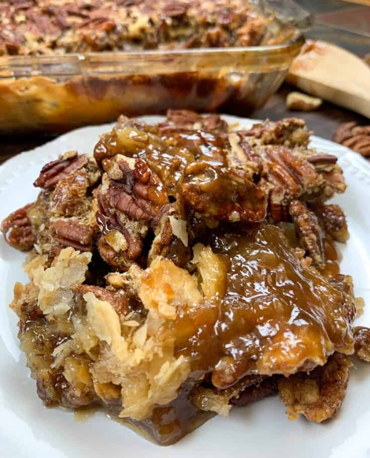 Pecan pie cobbler in a white plate