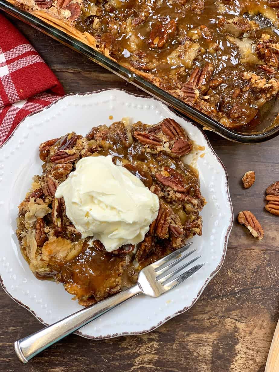 Pecan pie cobbler on a plate