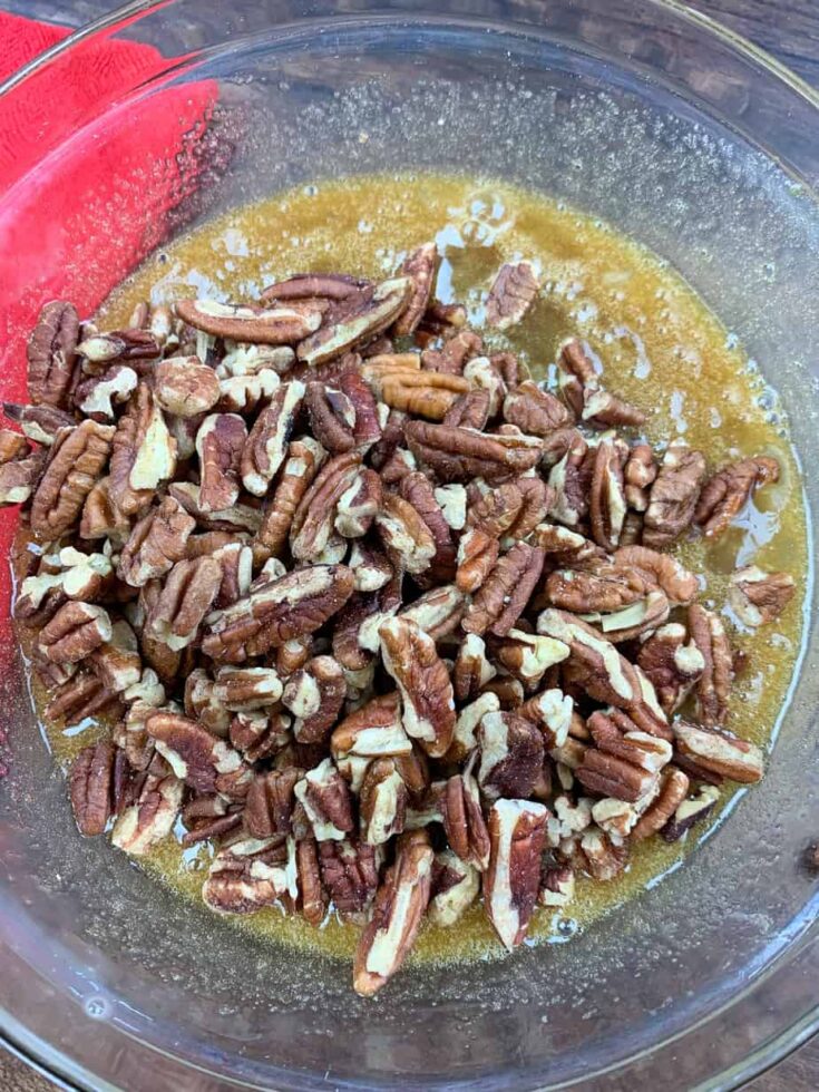 Pecans and pecan pie filling in a glass bowl