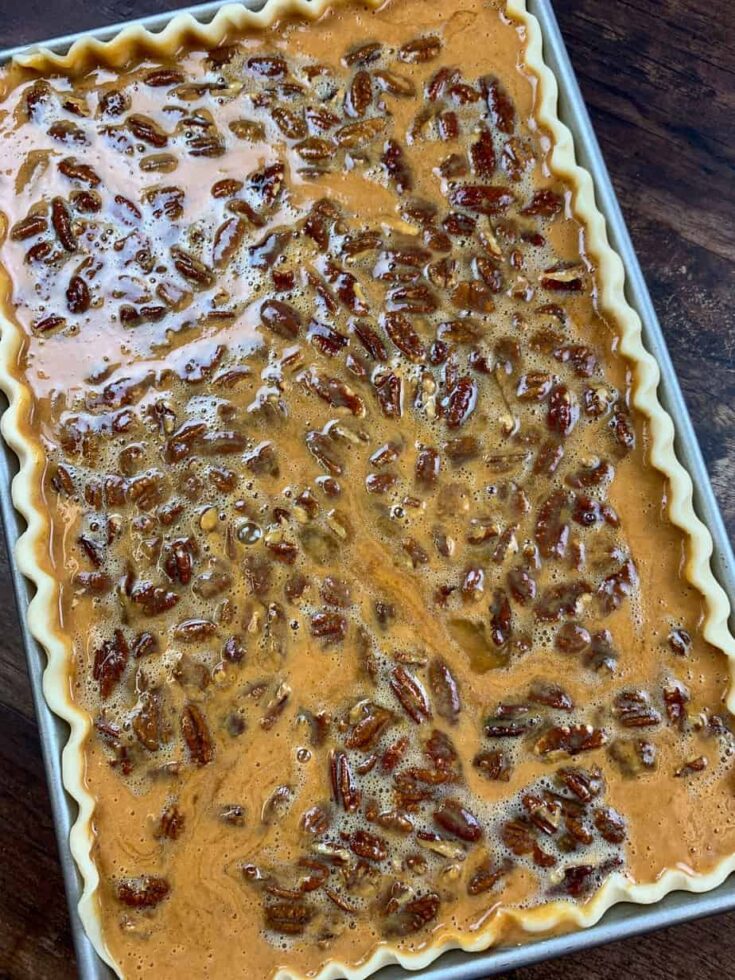 Pumpkin pecan pie in a jelly roll pan