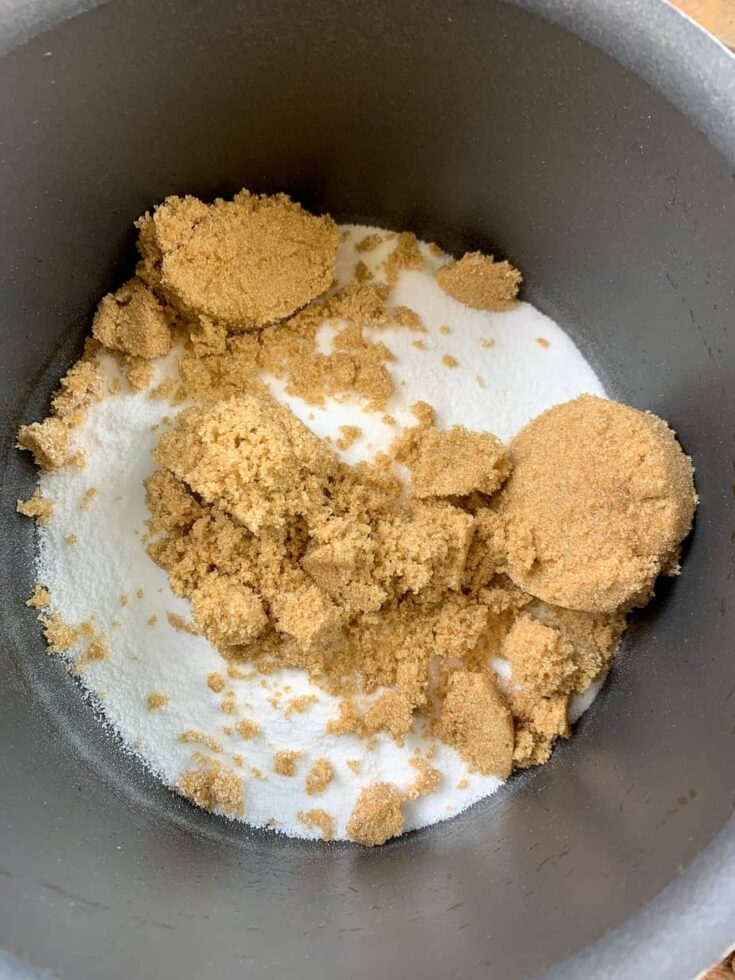 Granulated and brown sugar in a saucepan