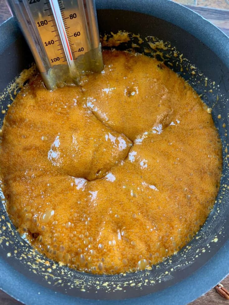 Sugar mixture for praline pecans in a saucepan with a thermometer. 